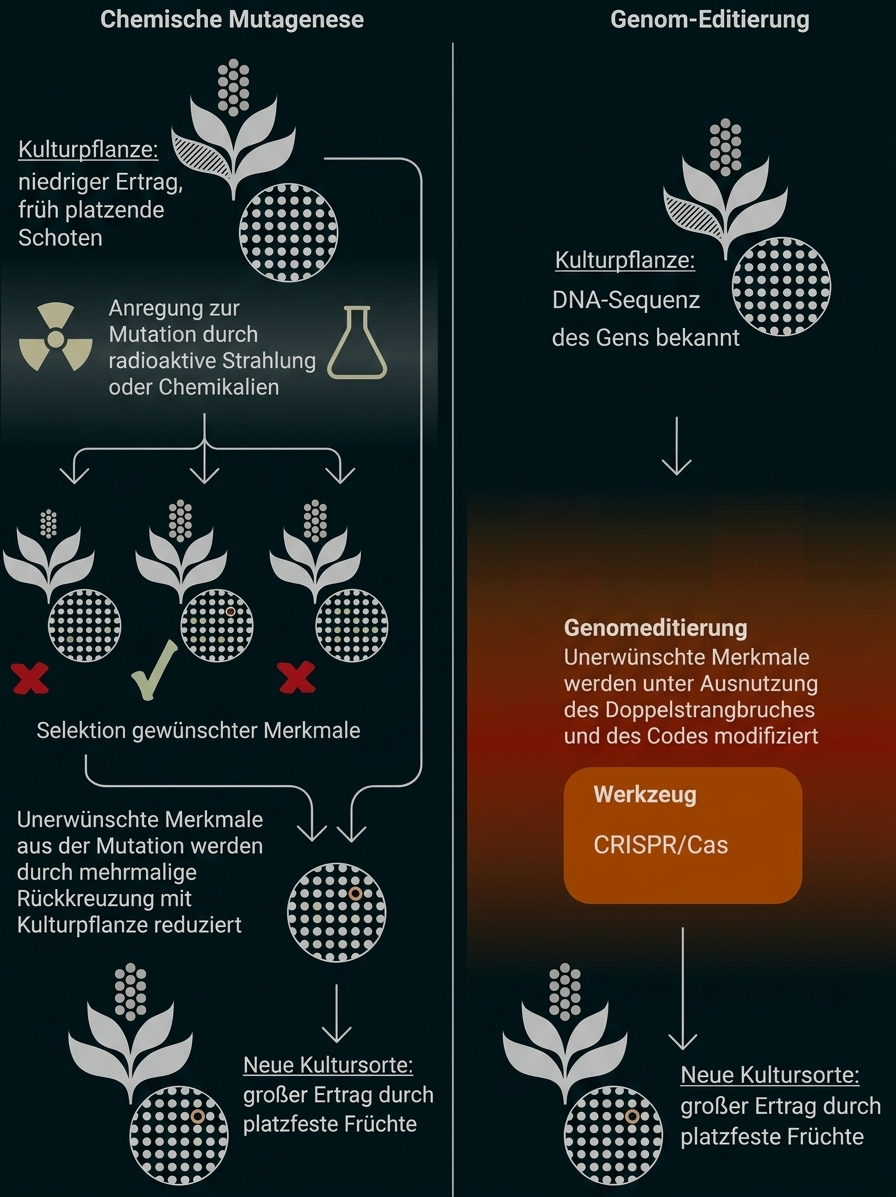 Infografik: Vergleich chemische Mutagenese vs. Genom-Editierung (CRISPR) an Nutzpflanzen